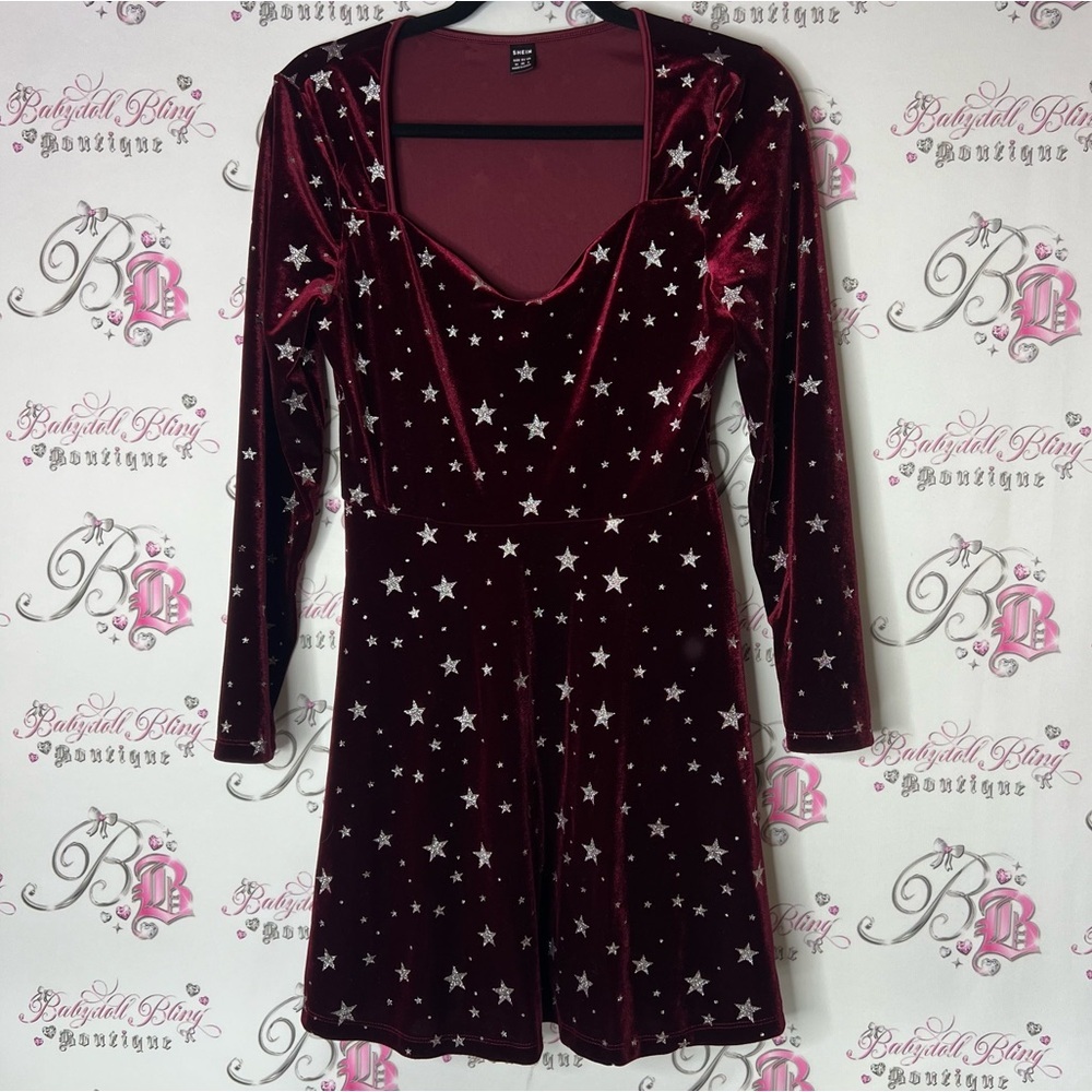SHEIN dress sparkly stars wine red Burgundy Velvet Star Dress